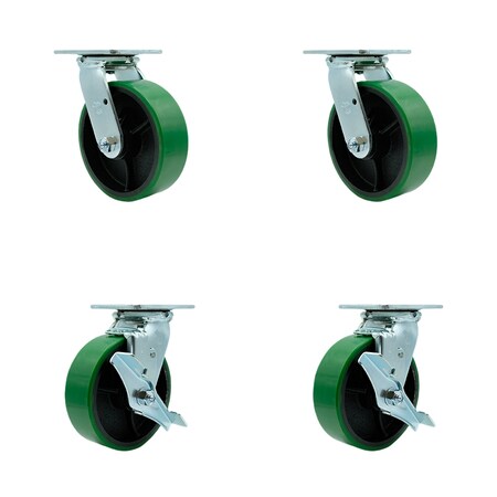 Service Caster 6 Inch Green Poly on Cast Iron Swivel Caster Set with Roller Bearing 2 Brake SCC SCC-30CS620-PUR-GB-2-TLB-2